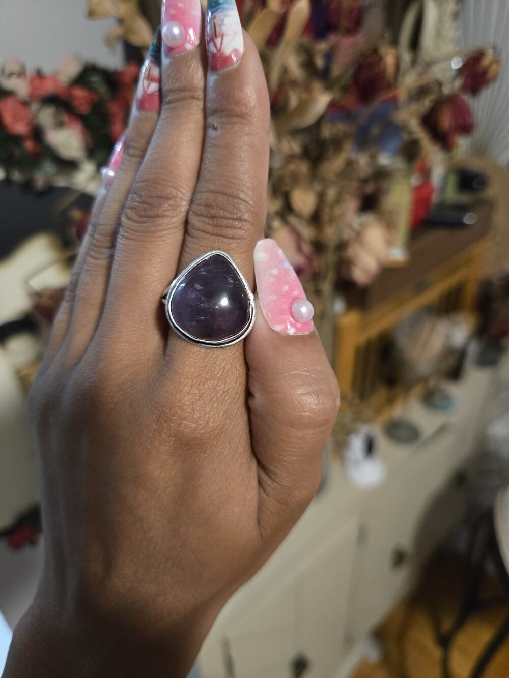 Nwob Made In India Womens Amethyst Large Unique Chunky Silver Ring Sz 9.5